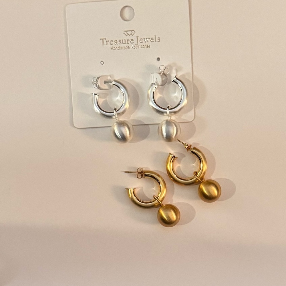 Two Pair Silver and Gold Hoop Earrings with Removable Balls
